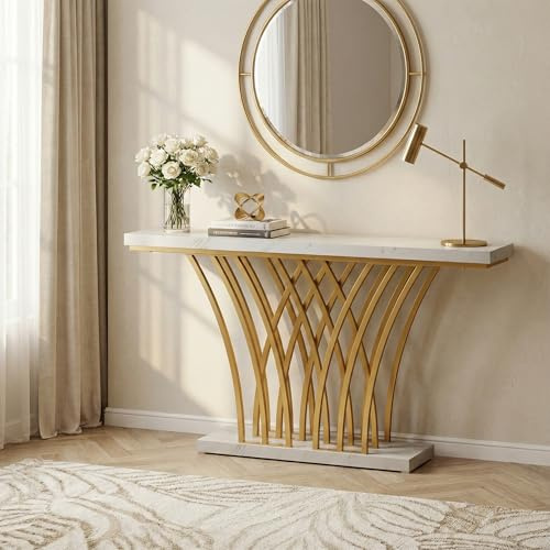 Lailang 150cm Konsolentisch Gold, Eingangstisch Wohnzimmer, Ablagetisch Schmal, Konsolentisch Holz, Extra Long Console Table, 150 x 30 x 80 cm, Weißer Marmor Gold