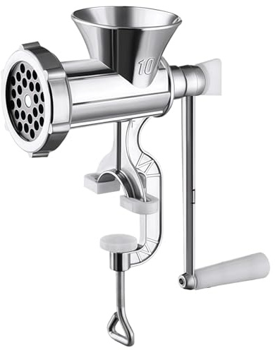 Molinillo de carne manual de acero inoxidable, picadora manual de carne para uso doméstico, gran capacidad, incluye tubos de relleno de salchichas, hoja de acero tungsteno, ideal para moler carne