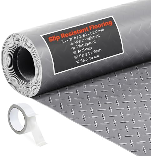 VEVOR Rollo de Suelo de PVC para Garaje, 2,28 x 6,1 m, con Patrón de Diamante de 2,2 mm de Grosor, con Cinta Adhesiva de Doble Cara, Fácil de Limpiar, para Almacenes y Gimnasios. Color Gris Plata