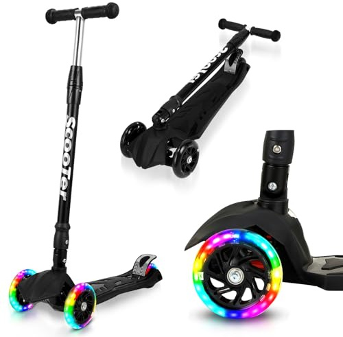 Vkechh Monopattino per bambini, ruote a LED e 4 altezze regolabili, per scooter, bambini, pieghevole, con antiscivolo e stabilità, colore nero