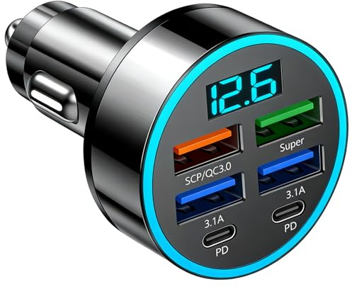 Car USB 6 in 1 Charger Adapter, 66W Cigarette Lighter USB Charger with LED Voltmeter Display, Super Fast 12V/24V USB Socket Multi Car Phone Charger Compatible with iPhone Galaxy iPad