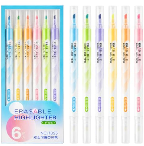LEMONSTONE 6 Stück Radierbare Textmarker Pastell, Doppelspitze 3mm | Textmarker Set zum Markieren & Radieren, Highlighter Set in Rot, Gelb, Orange, Grün, Blau, Violett für Schule Büro
