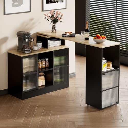 kozamas Tavolo da bar allungabile con vano portaoggetti, carrello da bar e carrello da servizio, carrello da cucina regolabile in altezza con ruote, multifunzione 3 in 1 (divisorio, bar, credenza