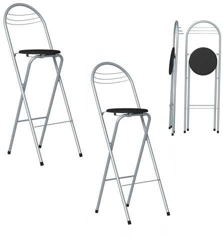 ZZINOKE Set di 2 Sgabello alto pieghevole con schienale, altezza seduta 75 cm, senza montaggio, sgabello pieghevole portatile per cucina, bistrot, eventi all’aperto, 36x48x107 cm, nero/argento