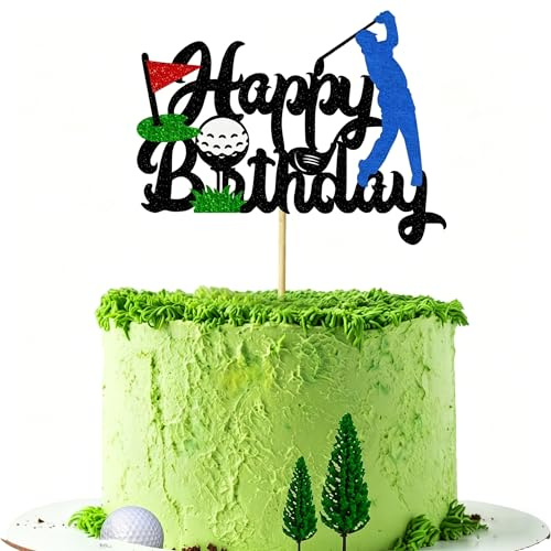 Golf Cake Decorations - Food Safe Non-Edible Cake Toppers for Adult Parties - Pre-Installed Golf Theme Decor Set for Birthdays Celebrations - Black