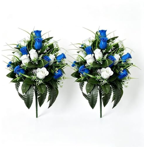 2-pack konstgjorda rosbuketter, UV-resistenta sidenblommor med flexibla stjälkar för kyrkogårdsgravar, bröllop och heminredning, 40 cm falska blomsterarrangemang (blå och vit)
