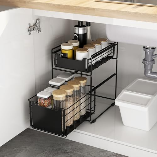 Organizador Bajo Fregadero para Cocina o Baño, Mueble de Metal Negro de Doble Altura con Bandejas Extraíbles, Estantería debajo Fregadero, Estante para Almacenaje de Productos Limpieza o Despensa