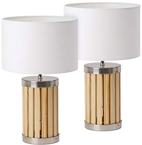 BRUBAKER 2er Set Tisch- oder Nachttischlampen - 41 cm Höhe - Fuß aus Holz/Metall - Textilschirm Beige