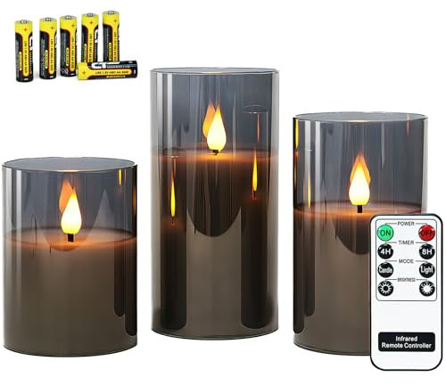 Rhytsing Grau flammenlose Kerzen im Glas, 3 Glaswindlichter mit Fernbedienung und Timerfunktion, warmweiße Licht mit Batterien enthalten