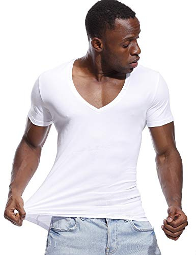 Deep V Neck T Shirt for Men Low Cut Stretch Tee Vee Top Short Sleeve White L
