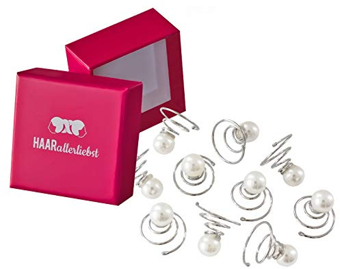 HAARallerliebst Haarklammern Curlies mit Perlen (10 Stück | silber | 1,5cm) für Hochsteckfrisur Hochzeit inkl. Schachtel zur Aufbewahrung (Schachtelfarbe: pink)