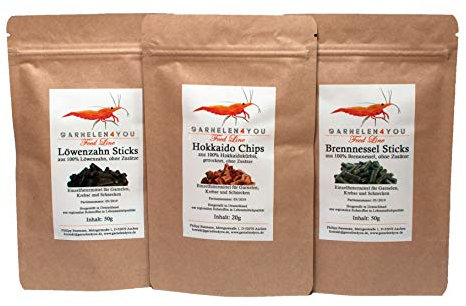 GARNELEN4YOU® Feed Line Allrounder Bundle | Premium Garnelenfutter | nachhaltige Verpackung | Made in Germany | Hokkaido - Brennnessel - Löwenzahn | für Garnelen, Krebse und Schnecken