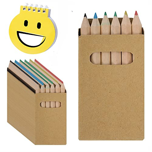 PARTITUKI 30 Schachteln mit 6 Mini-Buntstiften. Ungiftig. Glatte Kraftkartons. Enthält 1 Einzelnes Notizbuch