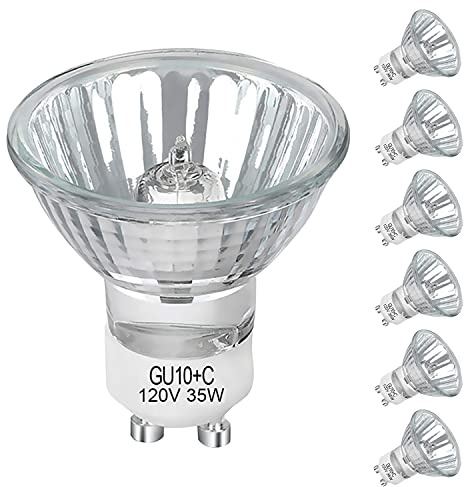 Lacnooe GU10 Halogen 35W Bulbs, 6 Pack GU10+C 120V 35W Halogen Light Bulbs with Long Lasting Lifespan, Dimmable MR16 GU10 Light Bulb for Track Light, Recessed Light, Range Hood, 2700K Warm White
