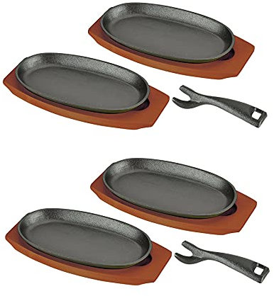 JapanBargain, plato de carne con base de madera de hierro fundido, sartén, plato de servidor Fajita, para uso doméstico o restaurante, juego de 2