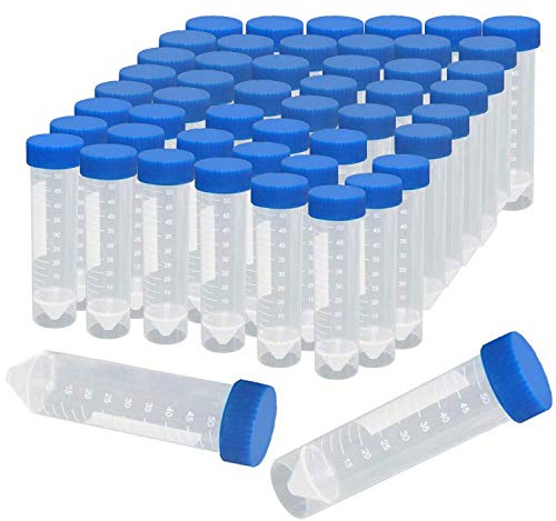 BITEFU 50 Pcs 50ML Centrifuge Tube, Transparentes de Centrifuge Tubes Marcas, Cónicas/Fondo Plano con Tapa de Rosca Azul, de Prueba Estériles Para Laboratorio