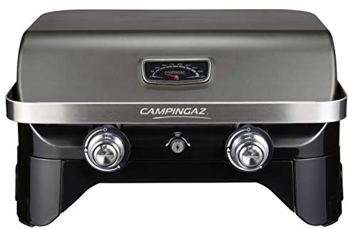 Campingaz Attitude 2100 LX Gas Grill, Portable Table Top Grill, 2 Steel Burners, 5 KW Power, Camping Gas Barbecue with Lid, Thermometer, Cast Iron Grill Grid and Plancha
