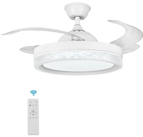 Deckenventilator Mit Beleuchtung Fernbedienung, Ventilator Dimmbar mit Bluetooth Lautsprecher, Einziehbarer Deckenventilator Leise LED Licht, Ventilator mit Licht für Esszimmer Schlafzimmer Wohnzimmer
