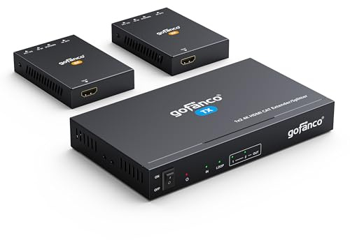 gofanco 1 x 2 estensore/splitter HDMI su CAT6/7 – 1080p fino a 60 m, 4K60Hz fino a 35 m, HDR, HDCP 2.2, IR, EDID, PoC, Loopout, audio digitale 5.1 canali, estrazione audio coassiale/analogica (HD20Ext