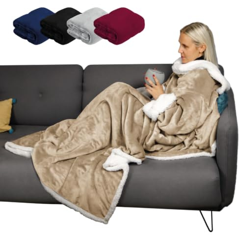Vivezen - Fleecedecke, Ganzkörperplaid mit Ärmeln und Tasche - 140 x 210 cm - Sherpa und Flanell - Erwachsene - Mehrere Farben