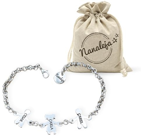 Nanaleja Pulsera nombre hijos pulseras personalizadas con nombre - bañado todo en plata - pulsera con nombre personalizado - pulsera abuela - puedes poner hasta 6 niños/as