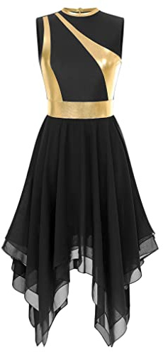 Nyeemya Vestido de Danza Ballet Sin Manga para Mujer Brillante Vestido de Baile Latino Contemporánea Vestido de Danza Lirica Asimétrico Traje de Bailarina Fiesta B Negro S