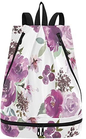 linqin Turnbeutel Lila Blumen Wasserdicht Tanztasche Strand Rucksack für Damen Herren