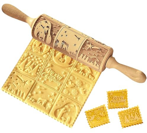 Nudelhölzer, geprägtes Nudelholz, 35,6 cm, Weihnachts-Nudelholz aus Holz für Teig, 3D-gravierte Weihnachtsplätzchenstempel, Werkzeuge mit Griffen für das Backen in der Küche