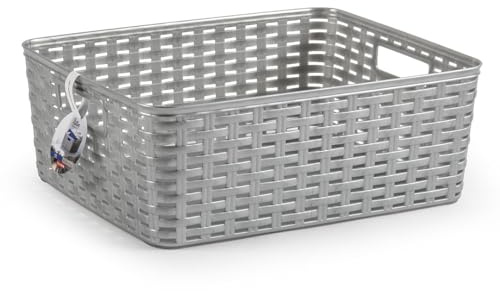 CABLEPELADO Cesta de Almacenamiento Organizador, Cesta de Almacenaje Multiuso, Caja Organizadora, Cesta de baño, 37.5 cm largo x 13.5 cm alto x 30 cm fondo, Capacidad 12 litros, Rattan, Gris