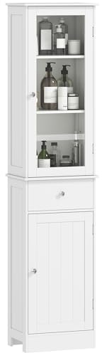 kleankin Mobile Colonna Bagno, Mobiletto Bagno Salvaspazio con Ante Trasparente, Armadietto, Cassetto e Ripiani Regolabili in MDF, 40x27x171.5 cm, Bianco