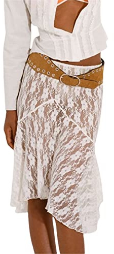 FeMereina Women Lace Midi Skirt, Low Waist Floral Lace See-Through Irregular Summer Skirt Y2K Summer A-line Maxi Skirts (White, S)