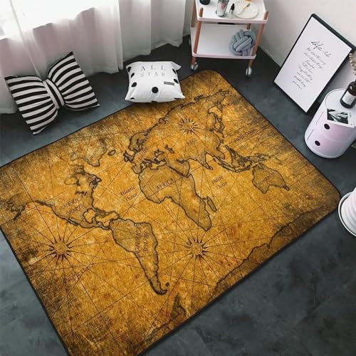 3D Modern Retro-Weltkarte Kinder Jungen Teppich Schlafzimmer Dekorativ Kinderzimmer Wohnzimmer Matten Krabbelmatte Weichem Flanell Kinderteppiche 100 X 200 cm - Leicht Zu Reinigen -7E8R6F0