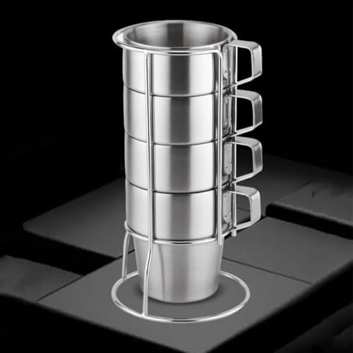 Whychstore Juego de 4 tazas de café apilables de acero inoxidable de 300 ml, taza de agua de acero inoxidable, diseño de doble capa con soporte de metal