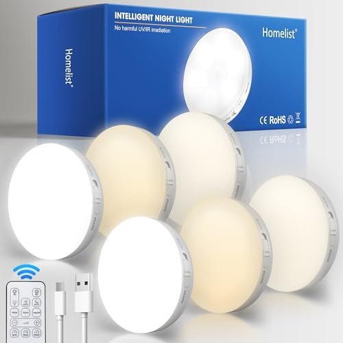 Homelist Luci a disco con telecomando, confezione da 6 luci LED ricaricabili con sensore di movimento, luci per interni, luci da interno sotto l'armadio, 3 temperature di colore, senza fili, a