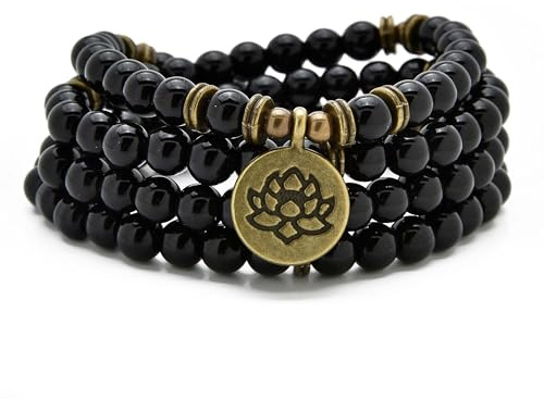 oasymala Bracciale o collana con 108 perle di Mala curative con ciondolo di loto dorato (Agata nera (Black Agate))
