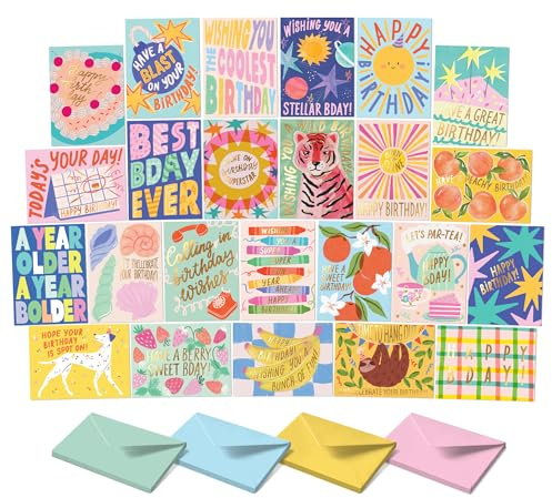 Sweetzer & Orange Happy Birthday-kort med kuvert och sortimentlåda. Varietuppsättning av 24 blandade födelsedagskort med kuvert, perfekt storpack för fester, speciella tillfällen, vänner – 10 x 14 cm