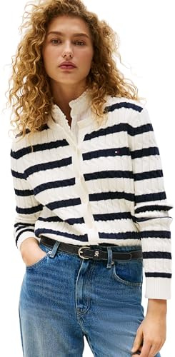 Tommy Hilfiger Chaqueta de Punto Mujer Cardigan Co Cable Mid Slim Fit, Multicolor (Ivory Silk/Dark Night Navy STP), XL