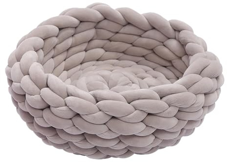 Panier de lit tricoté en coton pour animal de compagnie - Niche et panier pour chat élégant en fil épais | Panier rond de qualité supérieure tissé à la main, confortable et doux pour chat et chien
