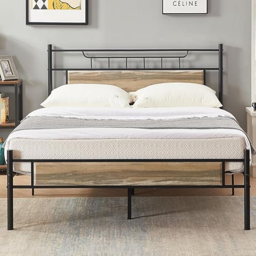 VECELO 4ft6 Double Bed Frame with Wooden Headboard, 135x190 cm Metal Platform, Heavy Duty Metal Slats Support, Mattress Base No Box Spring Needed, No Noise, Easy Assembly
