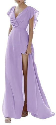 Vestidos de dama de honor de gasa para mujer, para boda, cuello en V, plisados, vestidos formales de fiesta de noche, sin espalda, con cordones, Lila, 52 Grande
