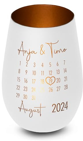 Windlicht aus Glas „Kalender“ personalisiert - Elegantes Geschenk mit Gravur - für sie & ihn - Jahrestag Verlobung Hochzeit Jubiläumsgeschenk - Weiß-Bronze