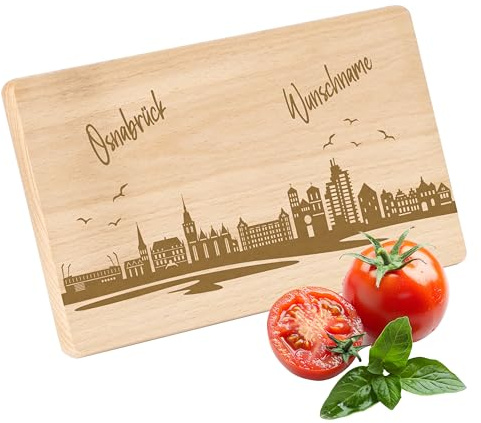 Gravur-Max Frühstücksbrettchen mit Skyline Gravur Osnabrück – personalisierbar mit Wunschname – Personalisiertes Holz Schneidebrettchen, 22x12x1 cm, Unbehandeltes Buchenholz – ideal als Geschenk