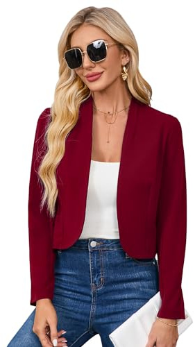 Hobrounn Blazer à manches longues pour femme, blazer ouvert élégant et décontracté, blazer court décontracté, veste de travail, bordeaux, XXL