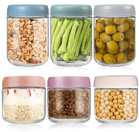 6 Tarros Cristal 300/480ml con Tapa Rosca, Frascos Vidrio Reutilizables & Apilable, Vasos Yogurtera Prueba Fugas para Yogur, Gachas, Avena Durante Noche, Ensalada,Cereales,Mermelada,Budines Conservas