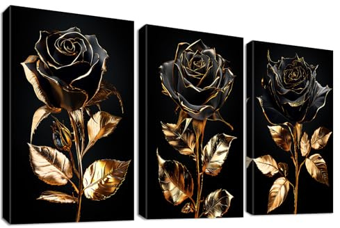 HALFLEMART 3 Pcs Rosa Negra Dorada Marco de Madera Cuadro Moderno Rosas Negras Hojas de Oro Lienzo Decorativos Pintura Imagen Vintage Cuadros Decoracion Salon Dormitorios Baño Escalera 30cmx40cmx3