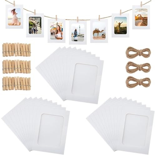30 marcos de fotos de papel kraft, 11 x 15 cm, marco de fotos de cartón, guirnalda de fotos con 30 pinzas de madera pequeñas y 3 rollos de cuerda para fotos, guirnalda para colgar fotos para