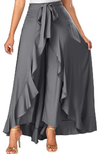 Pantalon élégant à nouer à la taille - Ourlet à volants irréguliers - Jupe longue fendue - Pantalon palazzo élégant et fluide à jambe large pour l'été - Vêtements de travail décontractés, gris, 3XL