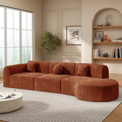 Merax 140 Curved Polyester Sectional Sofa Set, 7 Seat Modern Cloud Couch with Chaise Lounge,3 Pillows, Fully Assembled for Living Room, Orange