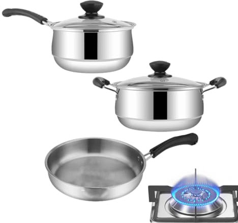 Lot de 3 casseroles et poêles antiadhésives en acier inoxydable, poignées résistantes à la chaleur, répartition uniforme de la chaleur, facile à mijoter, sauter, 24 cm