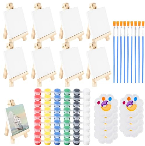 DWDHYEAN Set di 45 pezzi Mini Tele con Cavalletto in Legno,Mini Cavalletti con Tela D'arte Set di mini Tele Pittura con cavalletto Pittura per Artisti Principianti Hobbisti